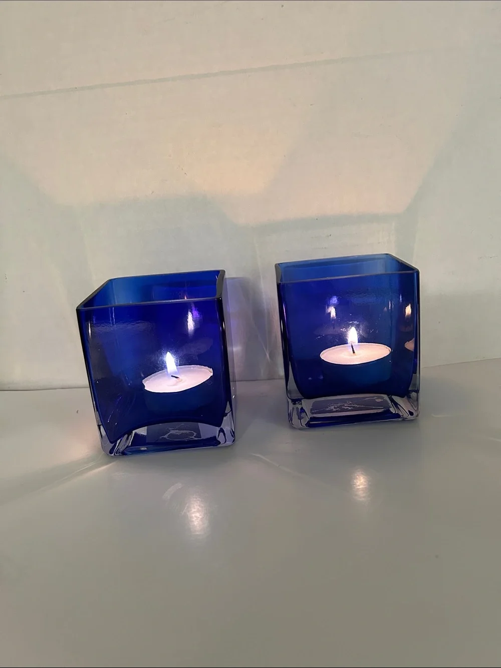 Blue Glass Square Tealight Holders - Set of 2